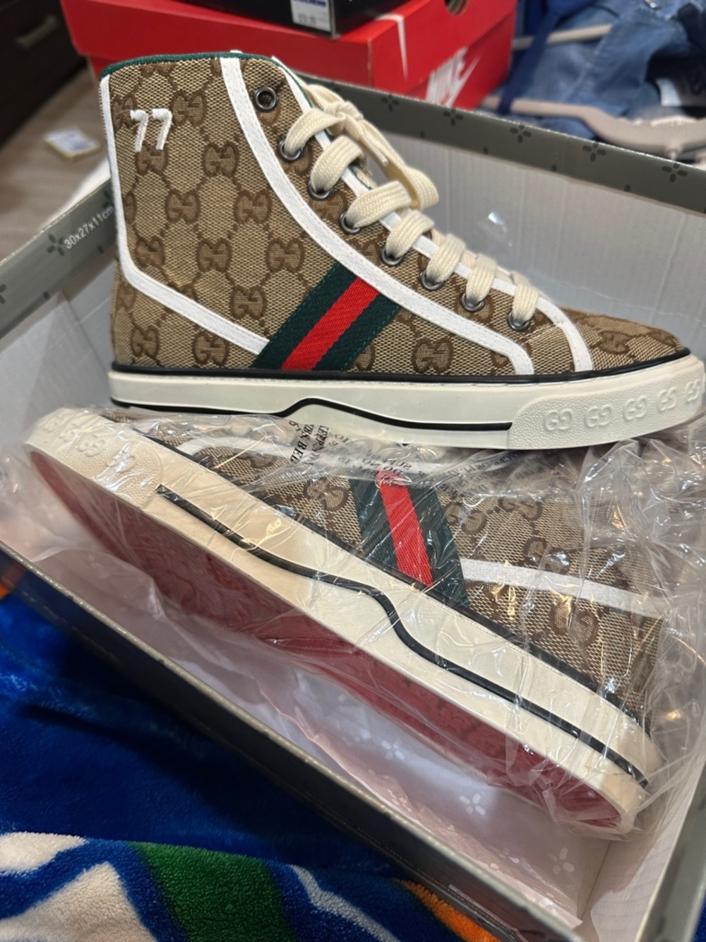 Gucci Brown GG Canvas High-Top Sneakers with Red-Green Web